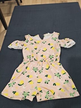 Emma & Sam Pink Lemon-Print Cold-Shoulder Romper Girl Size 6X
